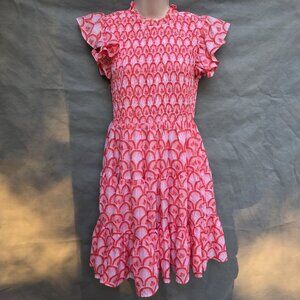 J. Marie Red Pink Coral Mini Dress Tiered Ruffled Size S Smocked Ruched